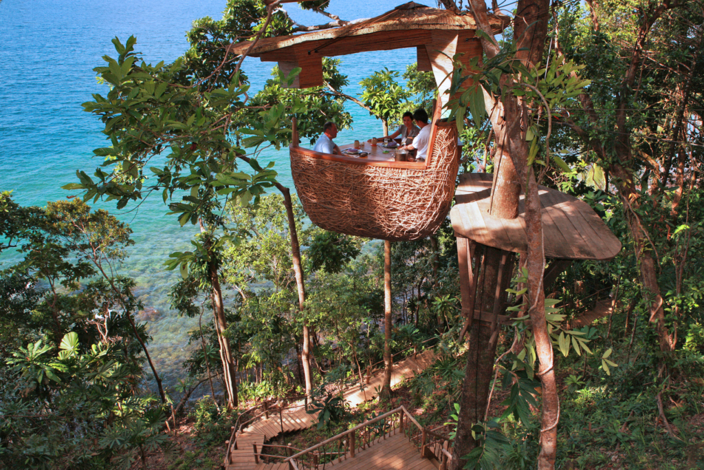 a group of people sitting in a tree house.